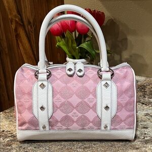 MCM EUC Pink & White Canvas Leather Studded Logo Motifs Medium Boston Bag